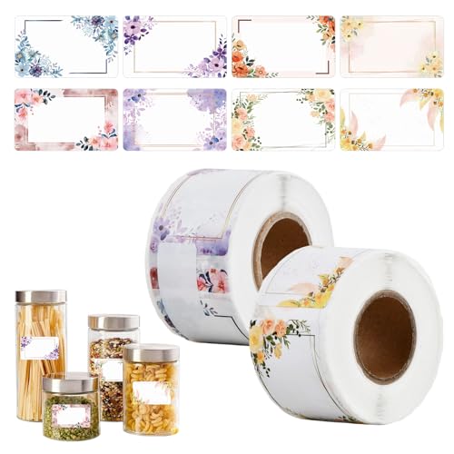 250 Pcs Etiquetas Adhesivas para Regalos, 2 Rollos，Etiquette Autocollantes Pegatinas para Mermelada, Sticker Jam Label, Etiquetas para Tarros de Especias, Florales Patrones, para Botellas, Sobre