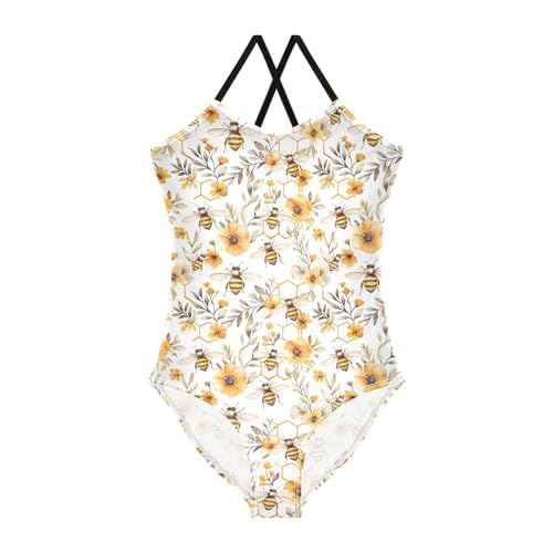 senya Girls Swimsuits One-Piece Swimwear Tie Bathing Suit Beach Summer Round Neck 4T Bee Flower Pattern