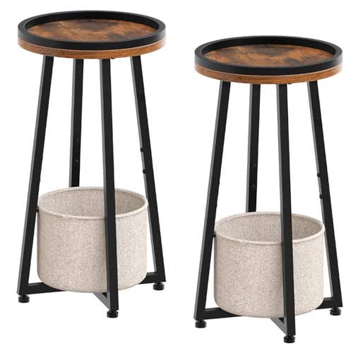 Image of HOOBRO Small Round Side Tables, Set of 2, 2-Tier Round Sofa End Tables, Compact Nightstands with Cotton Linen Storage Basket, for Small Space, Living Room, Bedroom, Dorm, Rustic Brown BF183BZP201