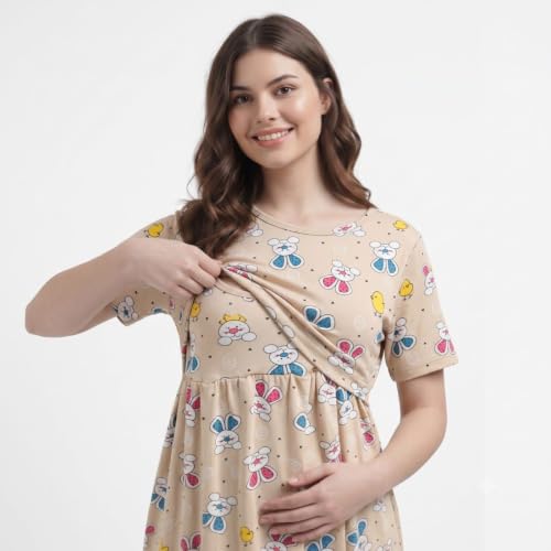 Image of Zero Clothing Feeding Dress for New Moms Casual Loungewear Ankle Length | Cotton Maternity Nighty | Zipless Feeding Dresses for Women | Pregnancy & Nursing Wear