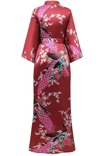 Image of BABEYOND Women's Kimono Robe Long Satin Robes with Peacock and Blossoms Printed Kimono Nightgown