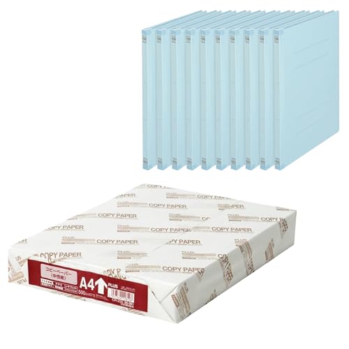 【セット品】プラス コピー用紙 A4 国産 白色度82% 紙厚0.09mm 500枚 CR-220 56-001 + 背補強フラットファイル A4縦 2穴 10冊 ロイヤルブルー No.021S