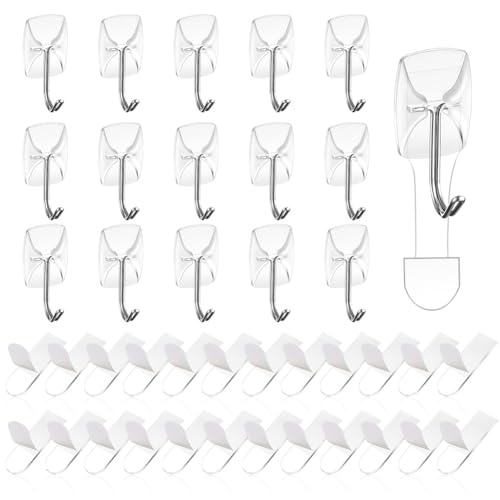 Ainiv Crochet Adhésif, 16 Petits Crochets Muraux Transparents avec 24 Bandes Adhésives, Crochets Utilitaires sans Dommages, pour Accroche Salle de Bain, Cuisine, Plafond, Mural, Porte