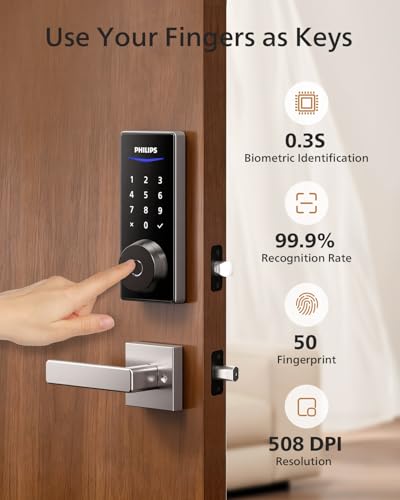 Image of Philips Smart Lock with Handles, Smart Door Lock with 2 Level Handles, Keyless Entry Door Lock Set, Digital Keypad Deadbolt for Front Door, App Fingerprint PIN Code Unlocking, Auto Locking