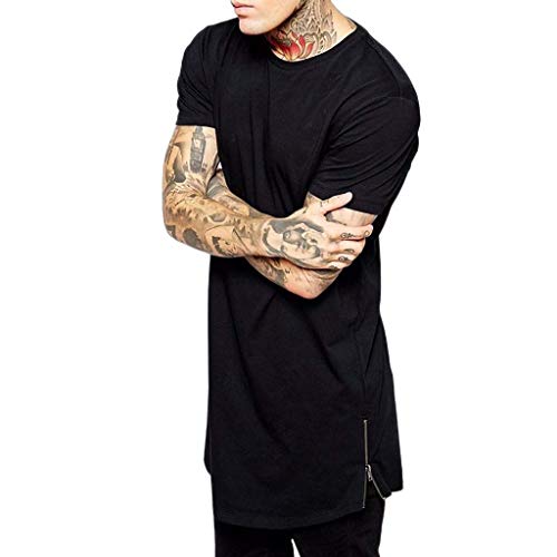 Hombres Color sólido con Cremallera Top con Manga de bajo Costo Camiseta de Hip Hop de los Hombres Largo Casual Color sólido Top (Negro, 2XL)