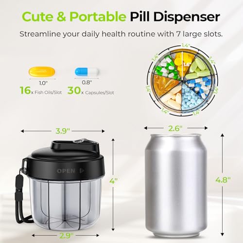 Image of AUVON Portable Pill Dispenser for 7 Various Supplements, Pill Organizer Bottle Travel Essentials with Anti-Mixing Design, Arthritis-Friendly Pill Container with Wide Opening & Slider Lid, 20 Stickers