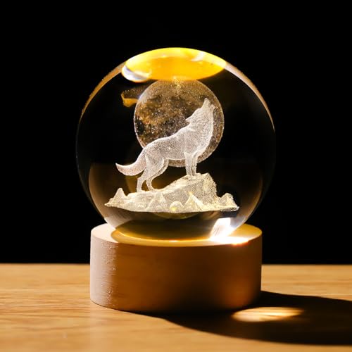 Crystal 3D Wolf 2.36in Ball Figurine Gifts for Men, Collectible Glass Animal Art Sphere for Room with Wooden Light Base Keepsakes for Wolves Lovers Home Decor Paperweight