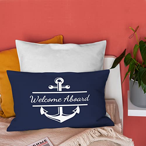 Burosev Welcome Aboard Soft Throw Pillow Cover, Navy Blue Boat Anchor Decorative Pillowcase, Nautical Sailing Farmhouse Decor Decorations For Home Bedroom Sofa Couch Living Room(12 X 20 Inch) #TOP2