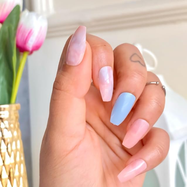 Image of 24 Pcs Reusable Artificial Nails Fake Nails with Glue and Kit| Blue Marble Reflective smooth top coat Press On Nails | ABS Material UV Protected Long Lasting Finish | Reusable Customizable Nail Kit |Medium Square Nails (White - Long Almond)