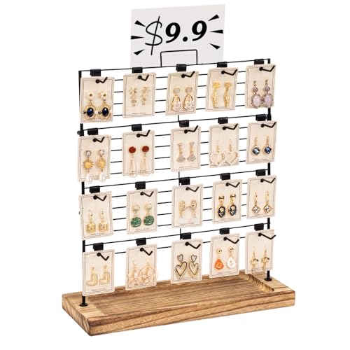 Emfogoo Organizador Pendientes, Expositor Pendientes 4 Niveles con Base de Madera, 20 Ganchos para Joyas Colgador Pendientes, para Collares, Tachas, Pulsera (Metal y Madera)