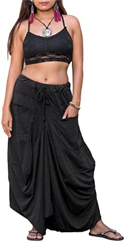 Thaluta Women's Maxi Skirt Bohemian with Pockets Gypsy Elastic High Waist Cotton (Solid Black)