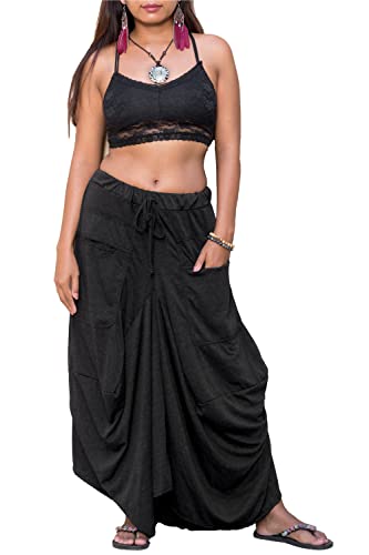 Thaluta Women's Maxi Skirt Bohemian With Pockets Gypsy Elastic High Waist Cotton (Solid Black) #TOP12