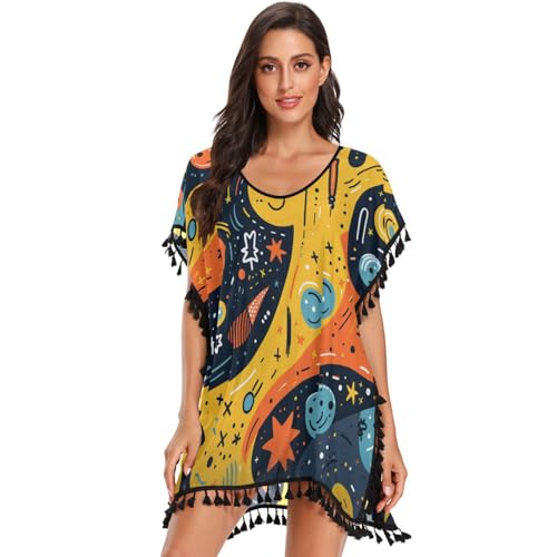 Cartoon Abstract Art Star Space Women's Beach Cover Up Chiffon Tassel Swimwear Swimsuit Coverups for Girl