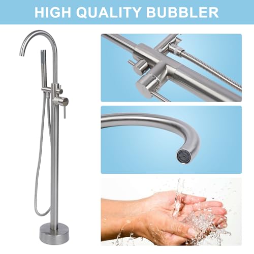 HAWKROWN grifería de bañera independiente, grifo de piso con 2 modos de salida de agua, pico giratorio cuello de cisne con ducha manual, grifo de llenado de bañera de latón con una sola manija, flujo máximo 7.4 GPM, acabado cepillado níquel miniatura 4
