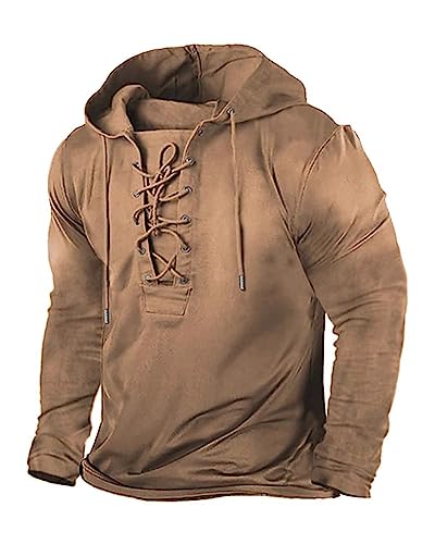 Beotyshow Herren Vintage Hoodie Langarm Shirt Männer Lace Up Hooded Langarmhemd Distressed Casual Outdoor Taktisch Pullover Hemd mit Kapuze 1-Braun 2L