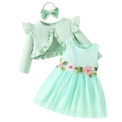 IDOPIP Baby Mädchen Kleid Strickjacke Sets 3 Stück Neugebore Kleidung...