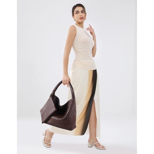 Image of Woven Bag for Women Vegan Leather Tote Bag Large Summer Beach Travel Handbag and Purse Retro Handwoven Shoulder Bag