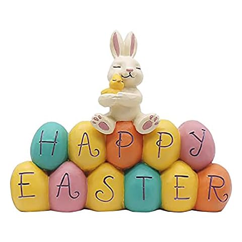 PlentifulHome Easter Rabbit Figurines, Rabbit & Egg, Fun Bunnies Spring Decorations Tabletop, Home, Outdoor, Birthday Party and Holiday Decoration 4.06'' Tall Cover