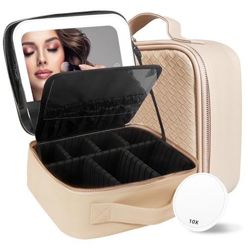 Image of MOMIRA Travel Makeup Bag Cosmetic Bag Makeup Organizer Bag with Lighted Mirror, Adjustable Brightness in 3 Color Scenarios, Waterproof Makeup Train Case, Gift for Women - Fleshcolor(Woven)