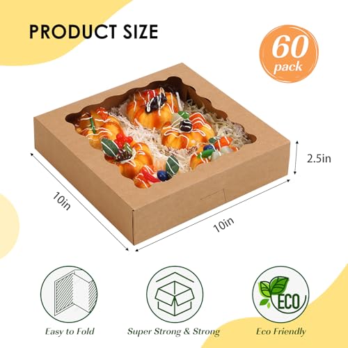 Image of TOMNK 60pcs 10x10x2.5 Pie Boxes Auto-Popup Bakery Boxes with Window, Cookie Boxes for Pies, Treat Boxes Dessert Boxes for Pizza, Strawberries, Chocolate, Pastries, Muffins and Donuts