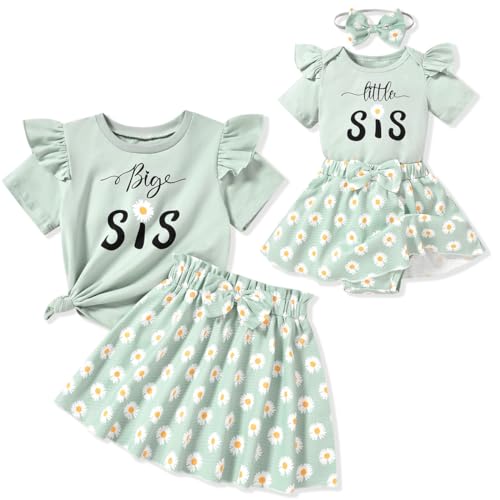 CPEI Big Sister Little Sister Matching Outfits,Toddler Baby Girl T-shirt/Romper Skirt Clothes Set (Green-Only Little sister, 0-3 Months)