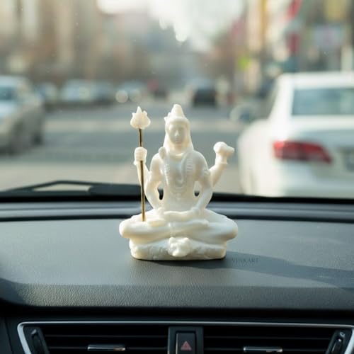 Image of Shiva Statue for Car Dashboard & Home Decor | 3 Inch White Resin Shiv Ji Idol for Pooja Room, Living Room, Office, Spiritual Showpiece & Gift (White,Size -8 * 7 * 3.5 cm,Resin)