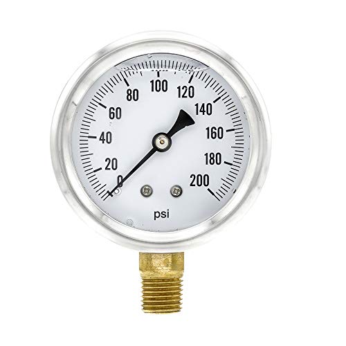 Pic Gauge S201L-254G 0-200 Psi Pressure Gauge, 2 1/2" Dial, 1/4" Male Npt Connection, Bottom Mount, Single Scale, Glycerin Filled, Stainless Steel Case/Bezel, Brass Internals & Plastic Lens #TOP1