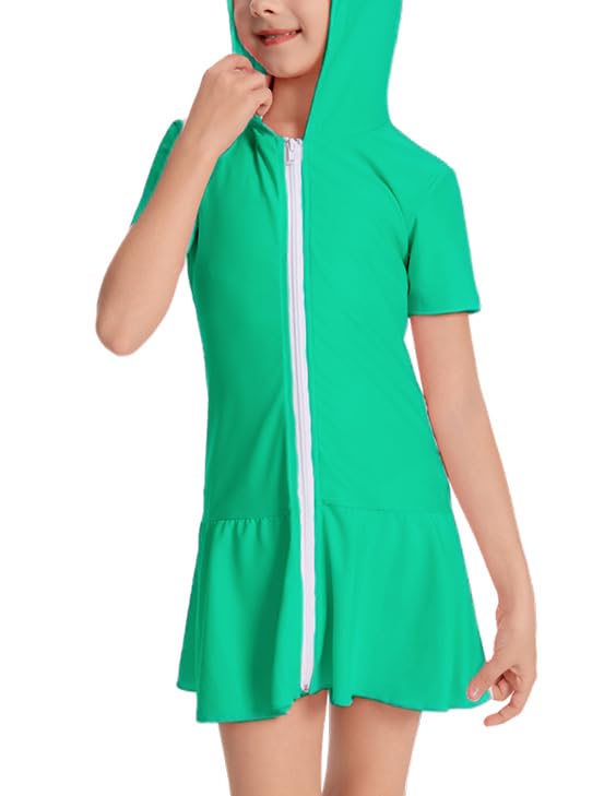 Image of Girls Sun Protective Swim Cover Up Hooded with Full-Length Zipper Short Sleeve UPF 50+ Beach Dress Coverup