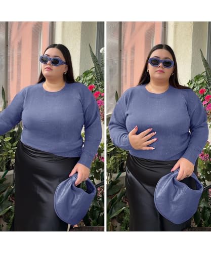 Image of CARCOS Plus Size Sweaters for Women Solid Crew Neck Knit Tops Casual Long Sleeve Pullover Sweater Sparkly Tunic Shirts
