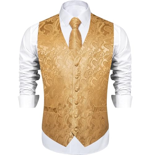 Image of DiBanGu Mens Paisley Suit Waistcoat,Silk Dress Vest and Bowtie Pocket Square Cufflinks with Lapel Pin Set for Wedding Tuxedo