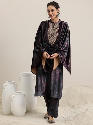 Image of Libas Printed Velvet Straight Kurta with Trouser & Dupatta | Ethnic Wear |Wedding Dress | Ocassion Wear
