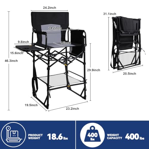 Image of Romswi 2Pcs Extra Tall Portable 30 inch Seat Height Folding Camping Chair Directors Chair High Foldable Bar Stool with Side Table for Makeup Artist, Sports Event, Craft Show, Supports 400LBS,Black