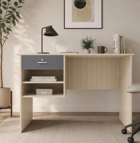 Image of 116x75x56CM Engineered Wood Verto Study & Office Table with Smooth Lockable Drawer and 2 Shelves for Storage | Sturdy, DIY Counter, Commercial Table- Acacia Light with Grey