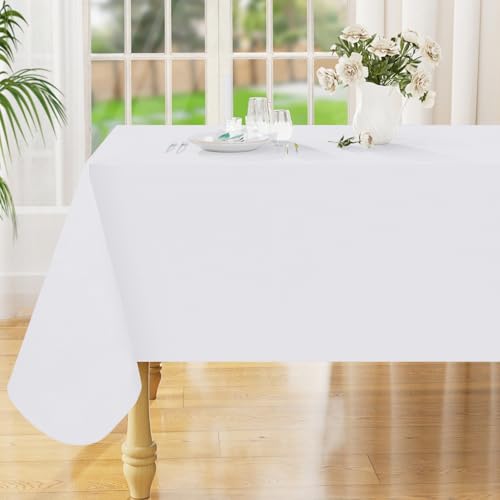 Image of Smiry Rectangle Table Cloth 60x84 Inch, Waterproof Wipeable Vinyl Tablecloths Protector, Oil Spill Proof Plastic Table Cover for Dining, Picnic, Camping, Outdoor, White
