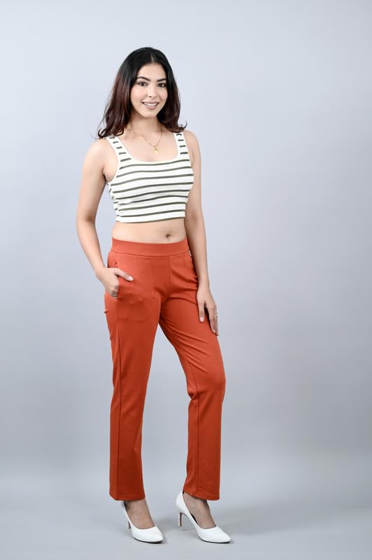 Image of Mlada Straight Fit Cigarette Pencil Pants Elastic Waist Band Mid High Waist Formal Office Trousers for Women, Pockets for Travel Stretch Cotton Knit Full Length Regular /Plus Size
