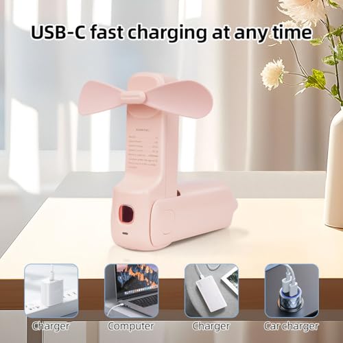 AUAUY Tragbarer Handventilator, 3-in-1 Mini Leiseventilator mit 3 Geschwindigkeiten, USB Wiederaufladbarer Faltbarer Ventilator, Kleine Ventilator mit Powerbank und Taschenlampe für Reisen Outdoor