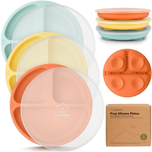 Image of KeaBabies Suction Plates with Lids for Baby - 3-Pack 100% Silicone Toddler Plates with Suction, Divided, BPA-Free Baby Led Weaning Essentials for Kids, Dishwasher, Microwave Safe, Durable (Amaze)