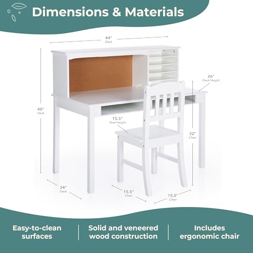 Image of Guidecraft Kids Media Desk and Chair Set - White: Kids Writing Desk with Hutch and Storage Shelves, Computer Workstation with Corkboard, Wooden Desk Set for Boys and Girls