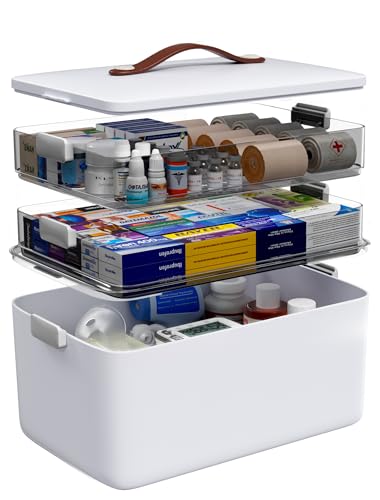 Image of Medicine Organizer Box, 3-Tier Medicine Storage Box with Clear Trays and Carry Handle, Empty First Aid Kit Organizer for Pills, Bottles, Bandages, Home Cabinet