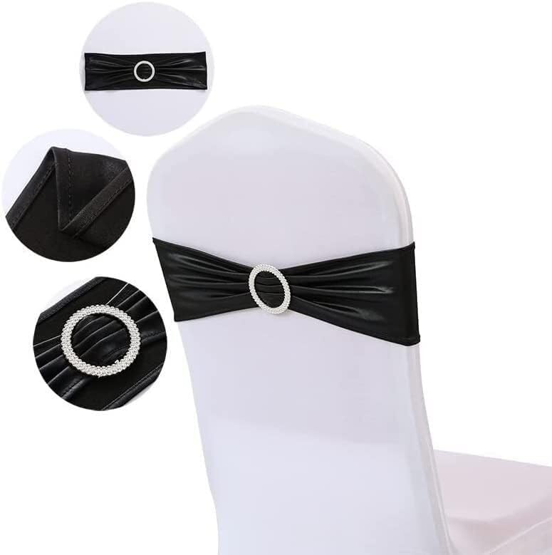 Elastyczna opaska na krzesło weselne, 10/50 szt. Elastan Elastyczna szarfa na krzesło Opaska z klamrą na wesele Bankiet Party Decor Metaliczne złoto Srebro Knot Bows-Gold, 50 szt. (Kolor: czarny) (Col