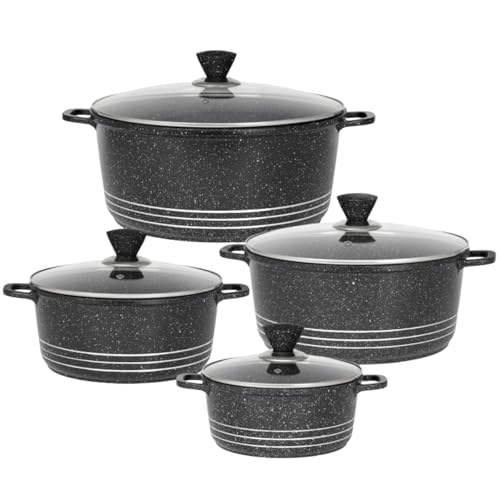 Die Cast Stockpot Set 4 Piece Non Stick Cooking Pot Casserole Set Aluminium Induction Stock Pot with Lids Tempered Glass 20cm 24cm 28cm 32cm Induction (Black)