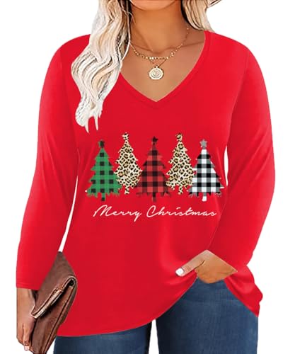 ForHailey Christmas Shirts for Women Plus Size Tops Merry Christmas Tree Tee Shirts 2024 V Neck Long Sleeve T-Shirt Christmas Outfits Red 3X-Large