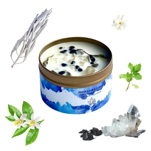 Whitesageandcitrussmudgecandlewithobsidianandquartzcrystals9ozmadewithnaturalsoywaxscentedwithessentialandfragranceoilswhite  Urban Country Home Decor White sage and citrus smudge candle with obsidian and quartz crystals 9 oz made with natural soy wax scented with essential and fragrance oils white  urban country home decor