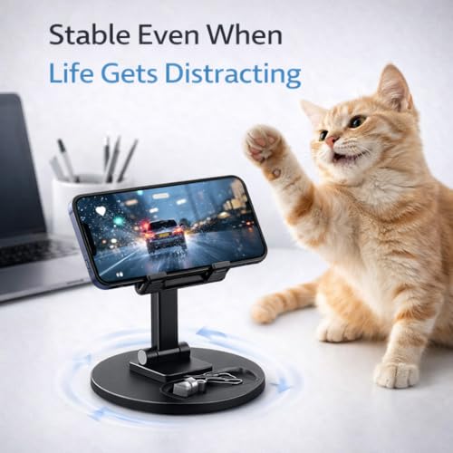 Image of Mizi Portable Cell Phone Stand for Desk - Height & Angle Adjustable Mobile Foldable Holder, Compatible with iPhone 17 16 15 14 13 12 11 Pro Max, Galaxy S25 S24, All 4-10 inch Devices - Black