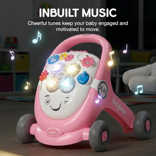Image of Baybee Oleo Baby Walker for 6-18 Months | Activity Push Walker with Music & LED Lights | Stable Wheels, Easy Grip Handle | Educational Walker for Boys & Girls 0-2 Years (Lite Pink)