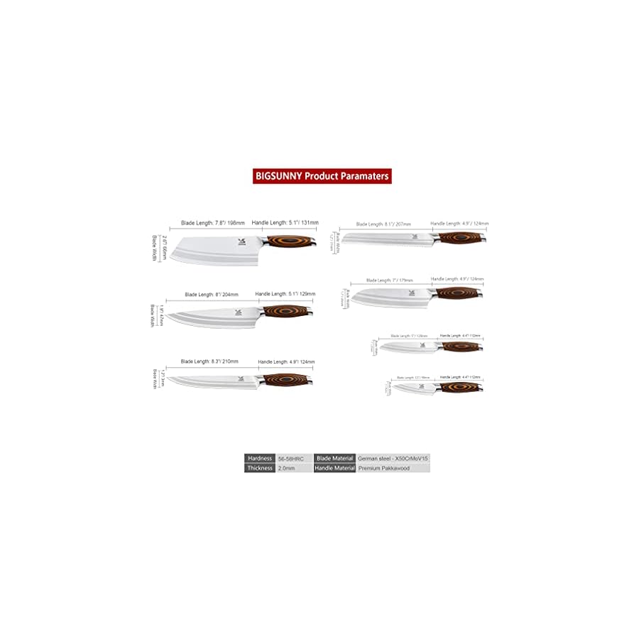 MSY BIGSUNNY 7-PCS Kitchen Knife Set, German Stainless Steel for Chef Knife Set with Pakkawood Handle, Perfect Cutlery Set Gift