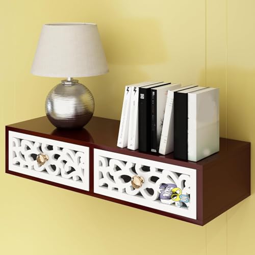 Image of Floating Engineered Wood Shelves with Drawer, Wall Shelves Multi use as Cabinet or Nightstands for Desk or Wall Storage (White)