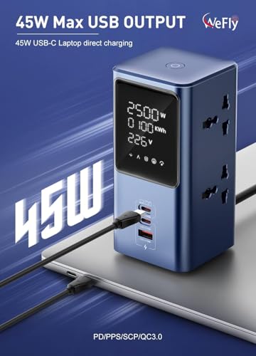 Image of Tower Extension Board with Surge Protection, 45W USB-C PD Fast Charging (GaN), 10A /2500W Power Strip (Spike Guard), 4 AC Sockets, 2 USB-C + 1 USB-A, Indian 3-Pin Plug, 2m Extension Cord Indoor (SC2)