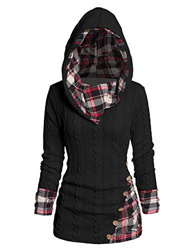 ZEZCLO Women's Twisted Cable Knit Plaid Print Hooded Sweater Mock Button Ruched Shawl Neck Knit Top2