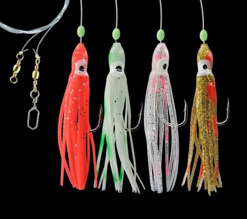 DEGA Octopus-System mit 4 Armen Haken: 3/0 Dorsch-System Norwegen-System Meeresvorfach (Rot/Fluo/Pearl/Gold)